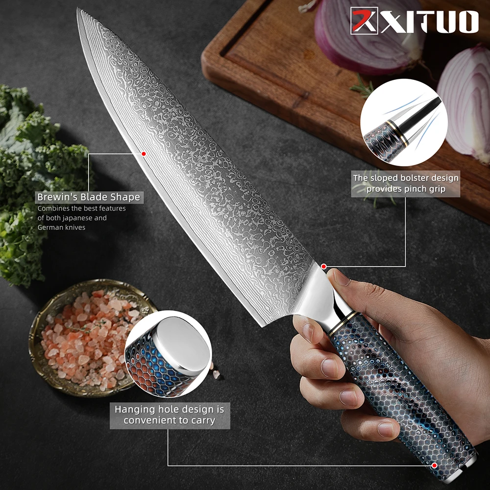 Japanese Chef Knife 8 inch Damascus Knife Pro Kitchen Knives Ultra Sharp Steel Blade Durable Cutting Core for Veg, Meat & Sushi