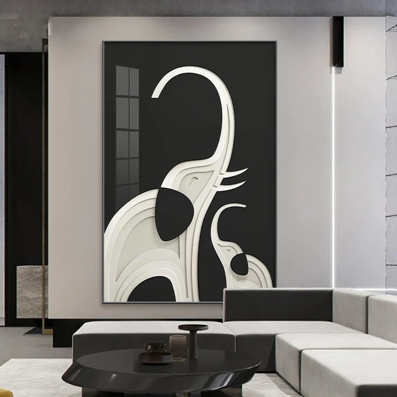 Abstract Art Home Wall Decor Black Elephant Hanging Painting Advanced LED Light Painting Modern Living Room Large Luminous Mural