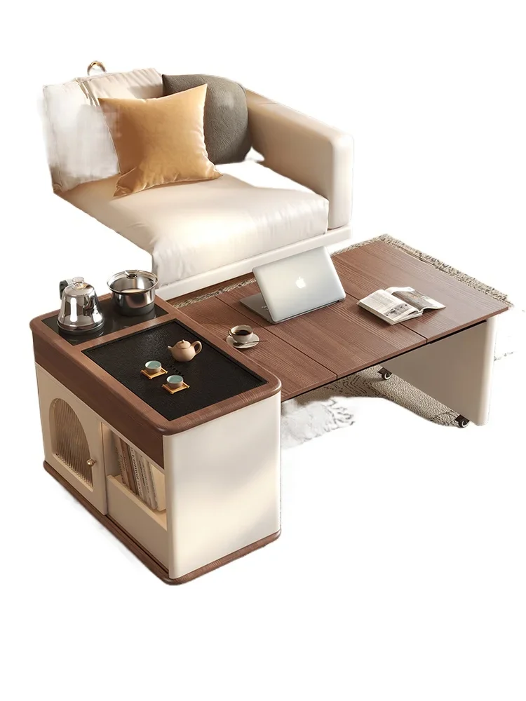 Medieval solid wood retractable coffee table movable living room small apartment sofa side cabinet tea integrated