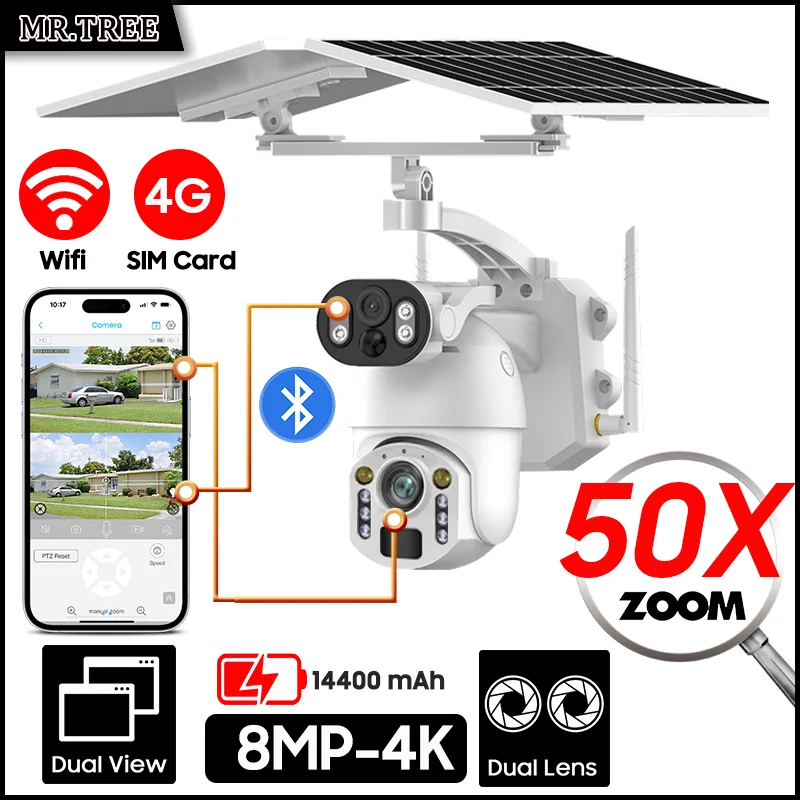 Caméra solaire extérieure à double objectif, Zoom optique 4K 50X, 8MP, carte Sim 4G, Surveillance PTZ, WIFI, sécurité, suivi humanoïde, caméras IP CCTV