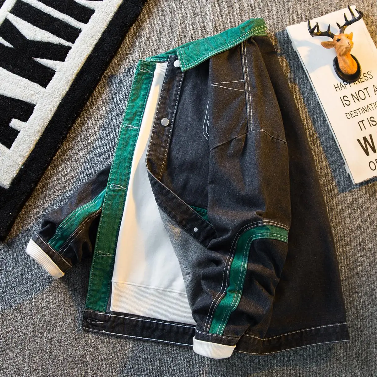 

Men's Casual Workwear Denim Jaet Spring Autumn High-End Feel Loose Fit Color Blo Collar Stand-Up Sve Long Thiened