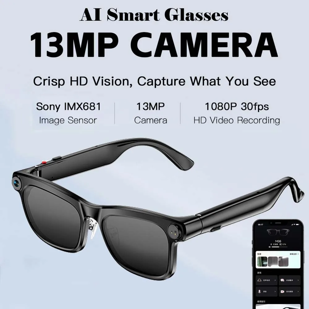 Smart Glasses with AI Voice Assistant 13MP HD EIS Anti-shake Camera Real Time Translation Wearable Eyewear for Travel Outdoor