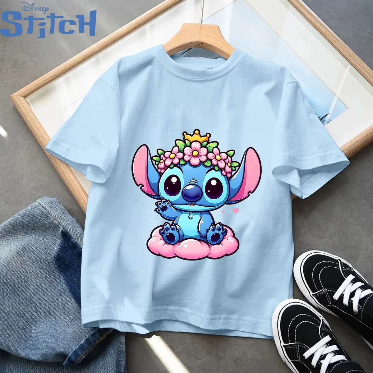 

Детские футболки на день рождения Stitch Disney, детские топы с принтом мультфильмов Диснея, с короткими рукавами для мальчиков и девочек, 2024, летняя одежда для малышей
