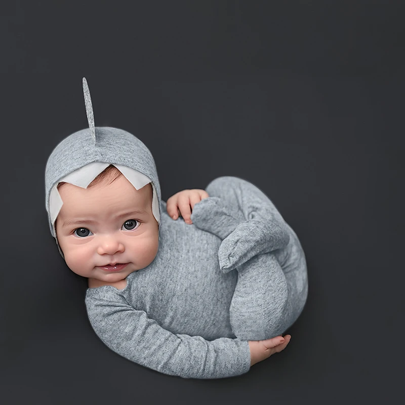 Newborn Shark Bonnet and Footie Romper Prop Set Cartoon Panda Onesie Photography Outfit Unisex for Baby Boys and Girls