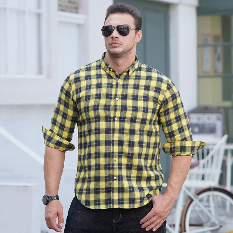 Autumn and Winter New Style Non-iron Cotton Brushed Plaid Oversized Men's Long Sleeve Shirt Relaxed Business Casual Fashion