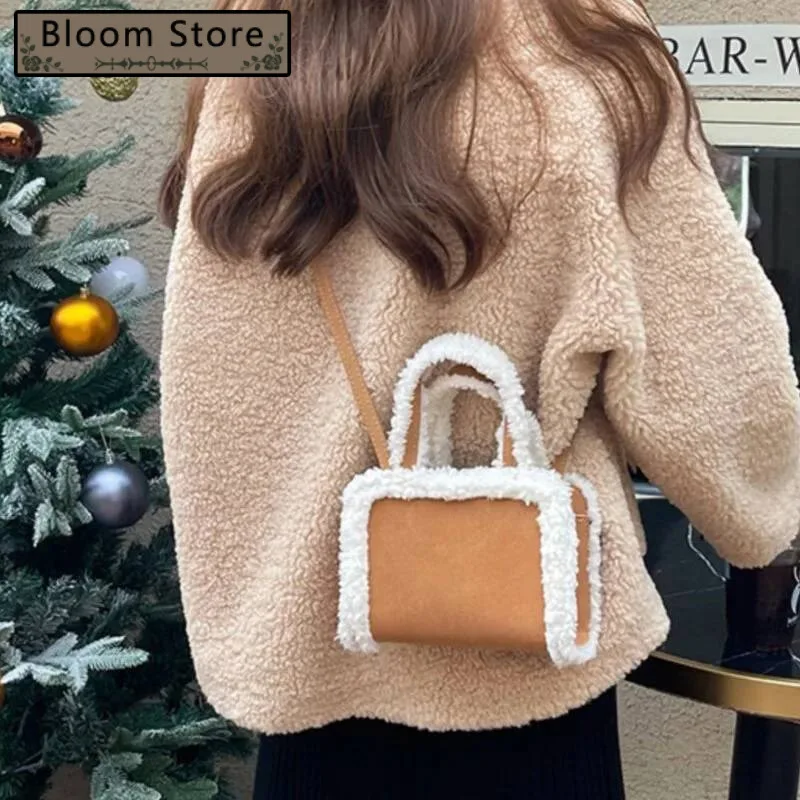 Bloom Vintage Brown Matte Leather Handbag Women Plush Trim Square Mini Shoulder Bags Ladies Sle Everyday Casual Crossbody Bag