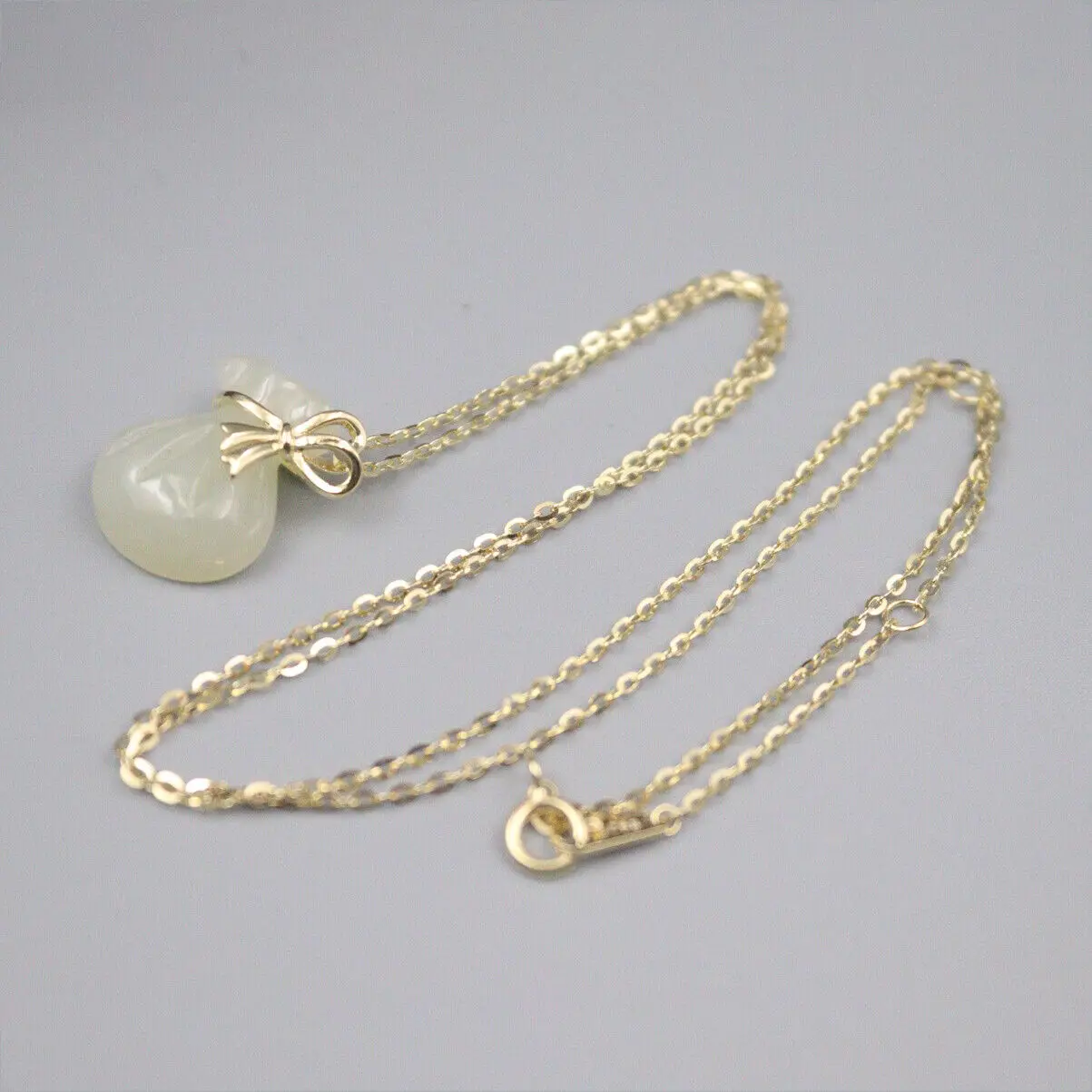 Solid 925 Sterling Silver Natural Jade Bag Pendant with Wheat Link Chain 20