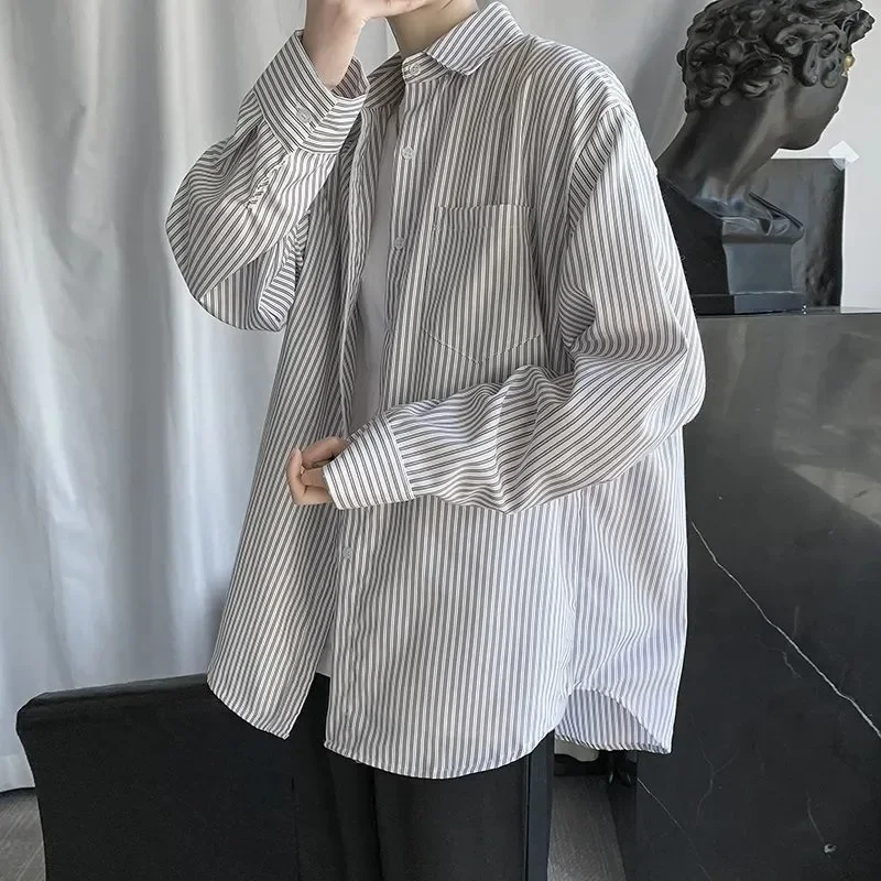 

Japanese Style Loose Striped Long Sleeve Shirt for Men Spring Summer Casual Daily Wear Outerwear
