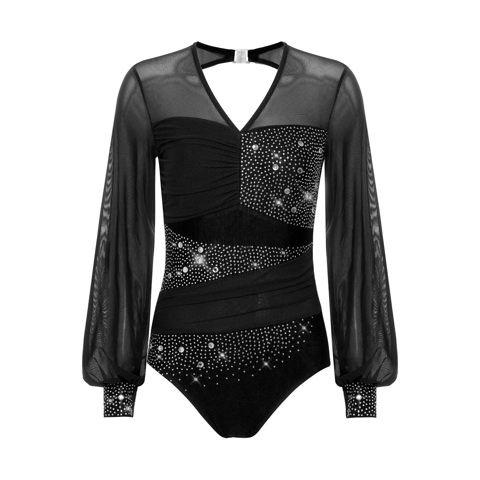 

Women Figuring Skating Tango Latin Ballet Leotard Bodysuits Performance Sheer Mesh Long Sleeve Ruched Yoga Dance Leotard Shirt