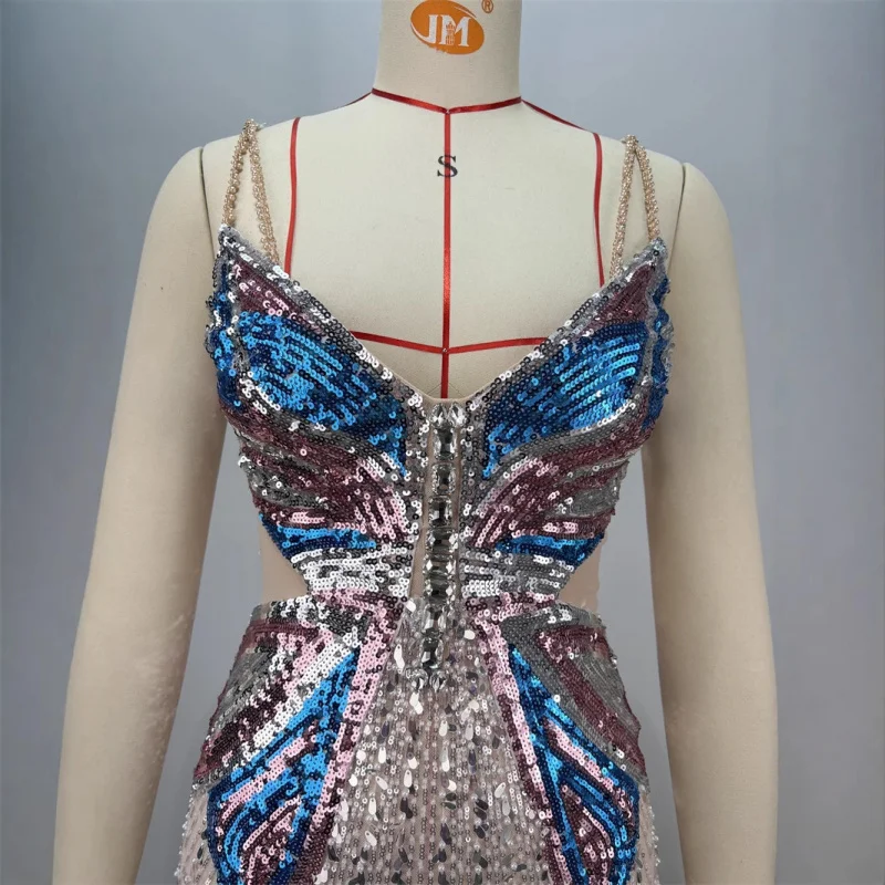 Borboleta lantejoulas bordado sexy baixo corte oco para fora cinta vestido socialite festa férias vestido