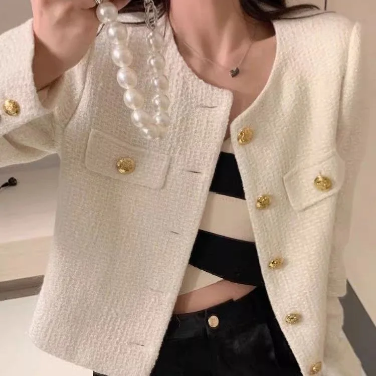 Short Coat Jacket Women's 2026 Spring Autumn New High-End round Neck Small Size Tweed Top Women's Fragrance Style Casual Fit ...
