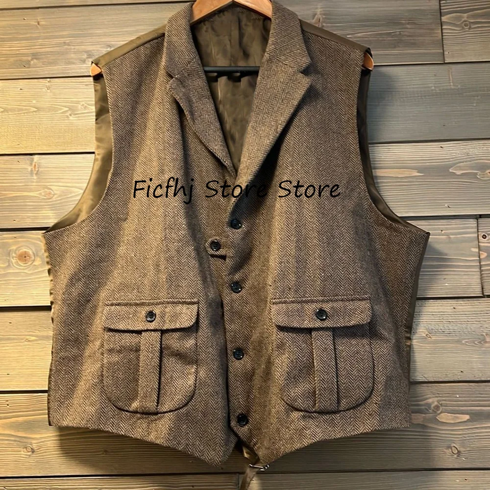 

Men's Vest Casual Suits Vintage Herringbone Fabric Single-breasted Buttoned Pockets Notch Lapels Fashion Suit Working Sleeveless
