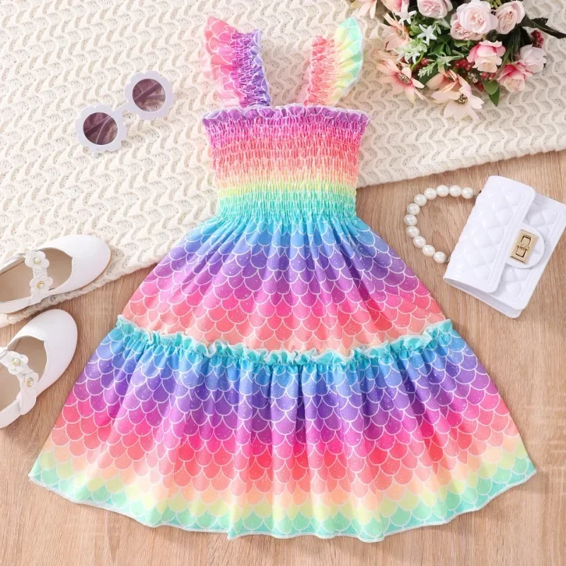 Hot Sell Sleeveless Butterfly Rainbow Multi Color Printed Dress for Primary and Secondary School Children