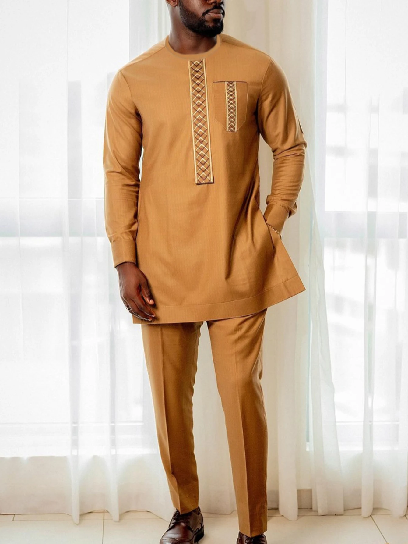 Kaunda Men's African Ethnic Style Suit Traditional 2Piece Clothing Set Muslim Embroidered with Pocket Long sleeves Top And Pants