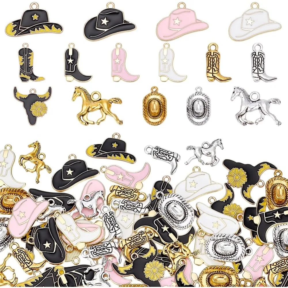 30Pcs Western Cowboy Charms 15 Styles Boot Horse Bull Head Hat Cowgirl Charms Alloy Enamel Pendants