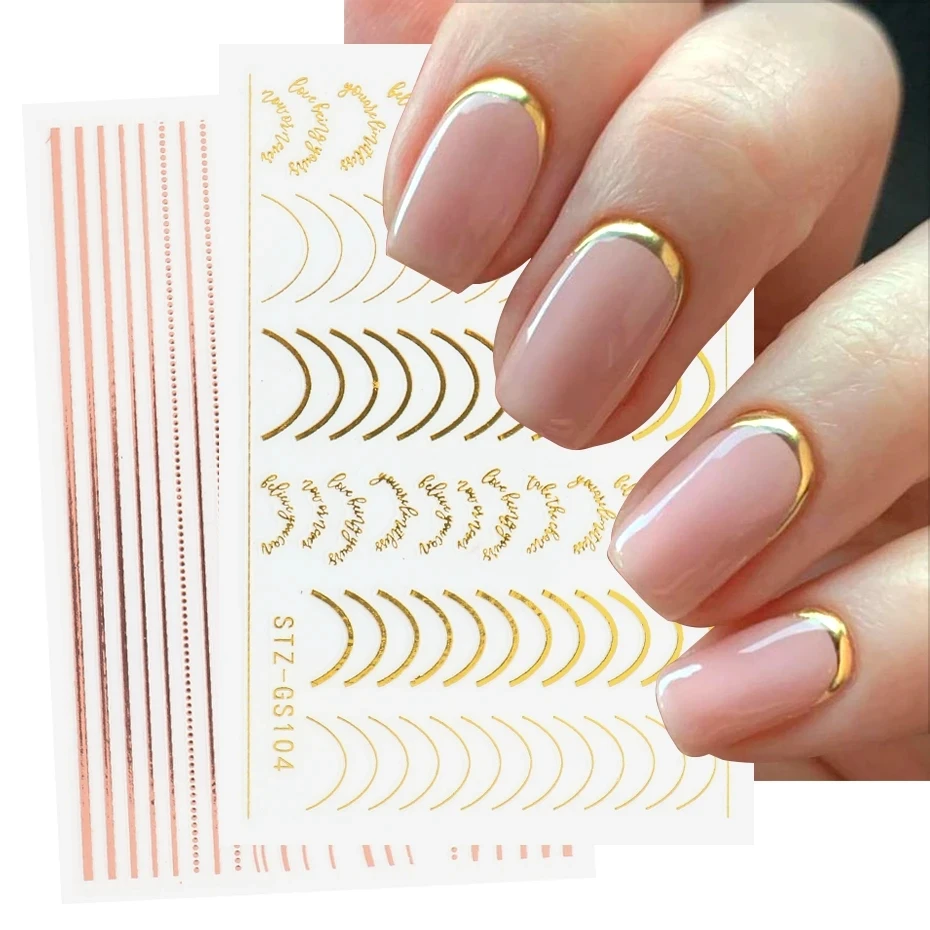 3D Simple Lines Nail Stickers Rose Gold Metal Stripe Letters Decals Curve Gel Nails Art Sliders Polish Manicure Decor