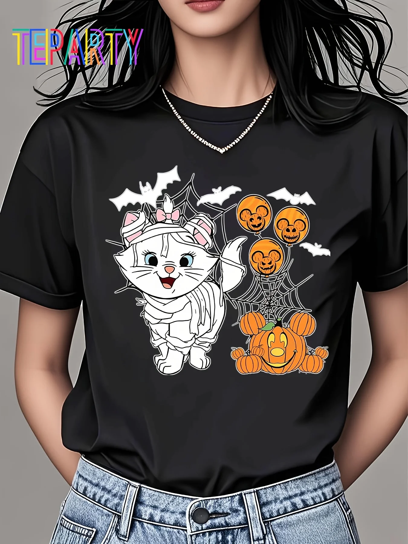 

[Футболка Disney Mary Halloween] Трикотаж Disney Mary на Хэллоуин | Мужская и женская печать милой Мэри с тыквой и летучей мышью на Хэллоуин