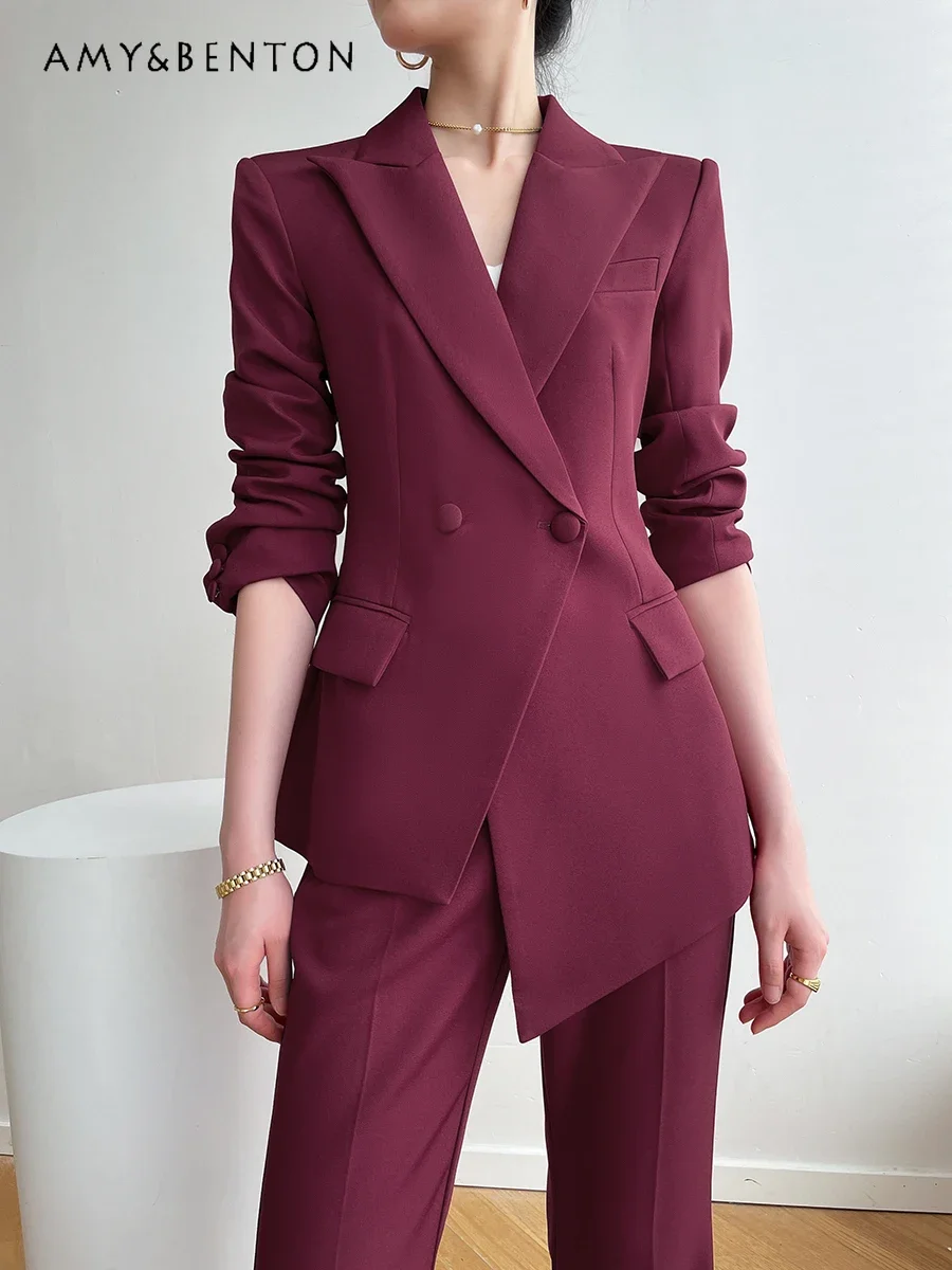 Early Autumn New Professional Wear Irregular Suit Jacket Straight Pants Two-piece Set Women Slim High End Office Lady Outfits