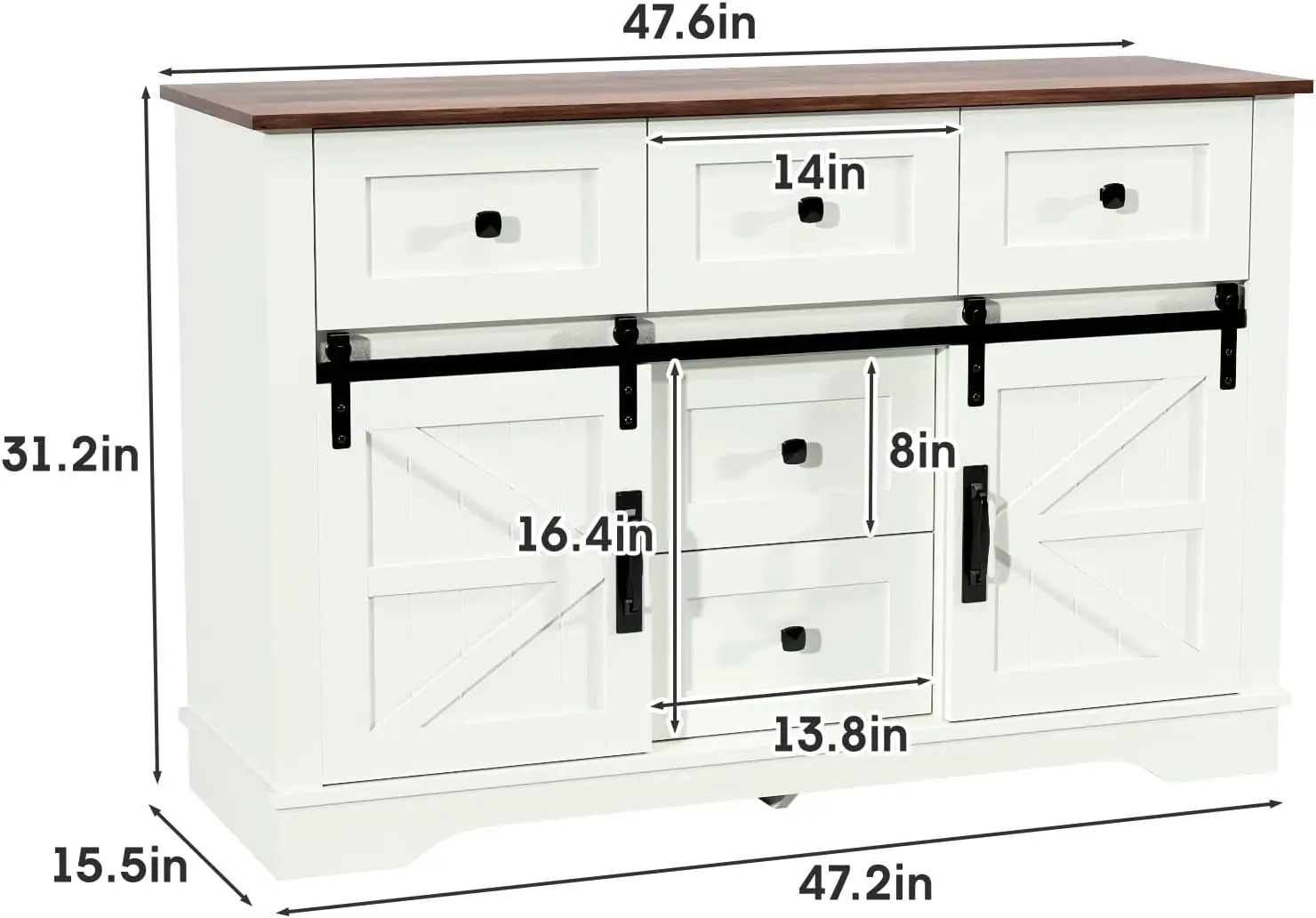 Sideboard Buffet Cabinet with Storage, Large Kitchen Sideboard Cabinet, Sliding Barn Doors and 5 Drawers, Adjustable Storage She