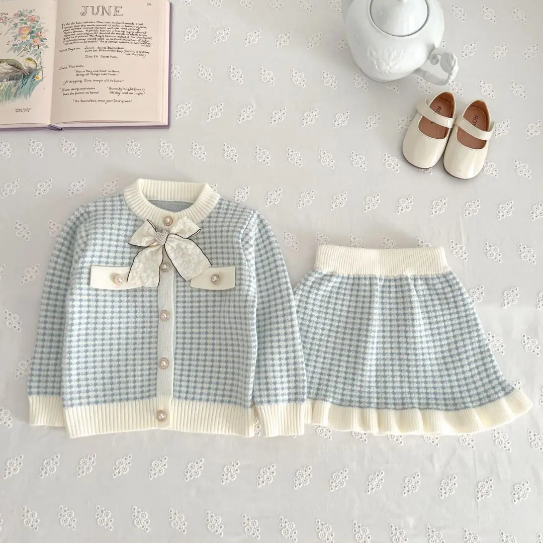 Bellbell Autumn Winter Kids Girls 2PCS Set 1-6Yrs Baby Girls Bow Knit Sweater Cardigan Suit Kids Infant Girls Plaid Skirt Outfit