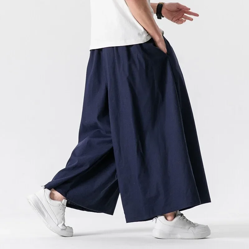 Kimono Men Pants Japanese Samurai Costume Solid Color Drawstring Waist Pants Haori Baggy Harajuku Hip Hop Trousers Plus Size 5XL