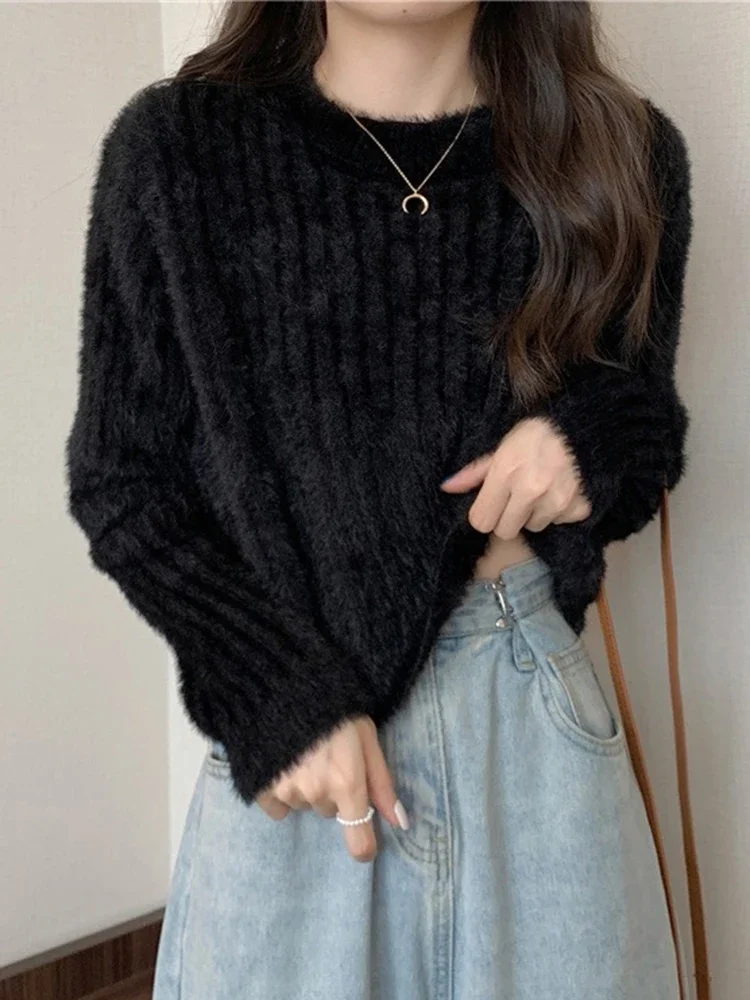 Maglioni morbidi e caldi in velluto di visone sintetico da donna autunno inverno maglione femminile allentato a maniche lunghe lavorato a maglia pullover casual solido