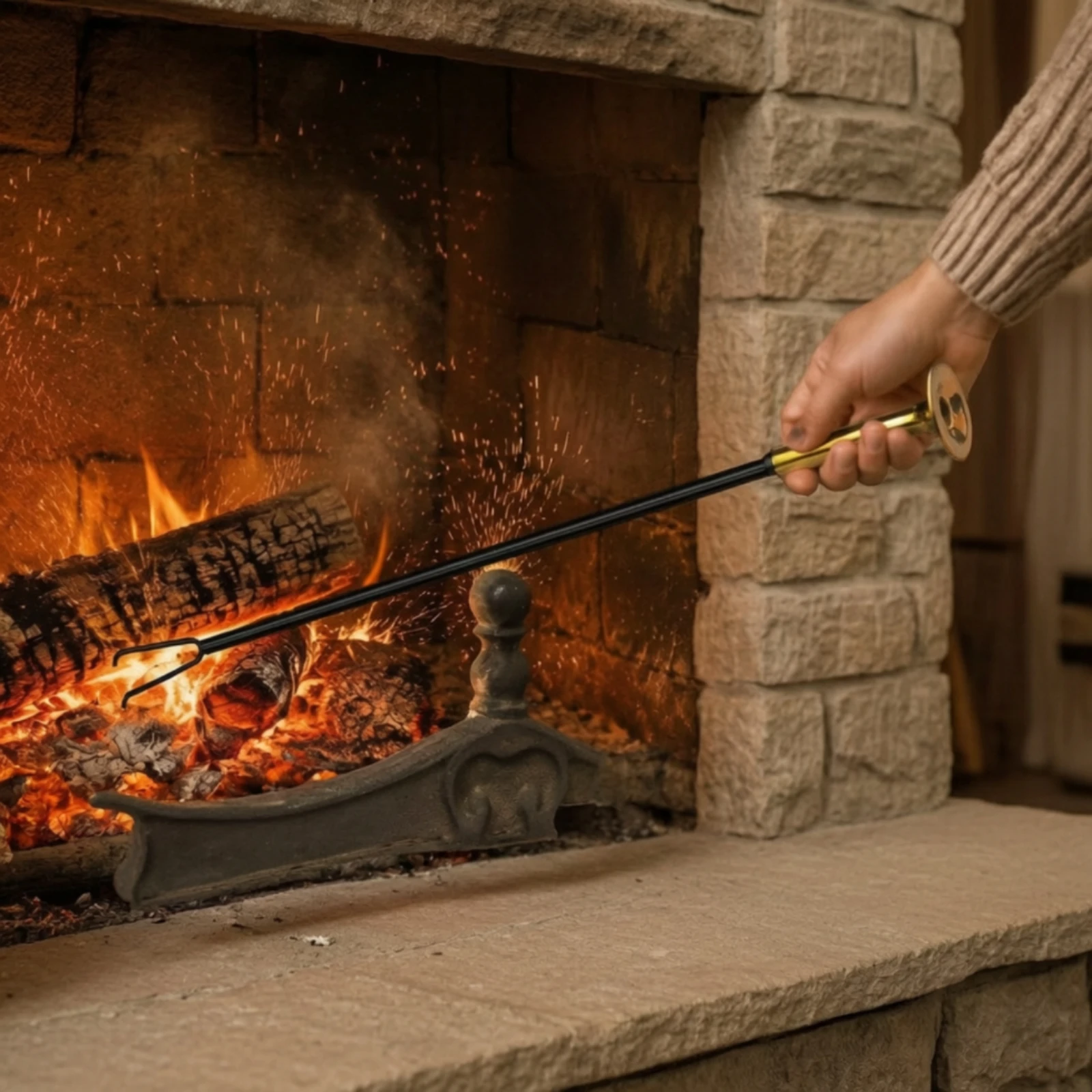 Fireplace Tool Long-Handled Two-Prong Fire Card Game with Air Blower Brass-Finish Fire Tending Tool