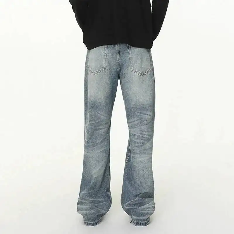 Men's Moustache Effect Washed Blue Jeans American Style Vibe Vintage Loose Straight Denim Long Pants Chic Trousers 9X1RQU