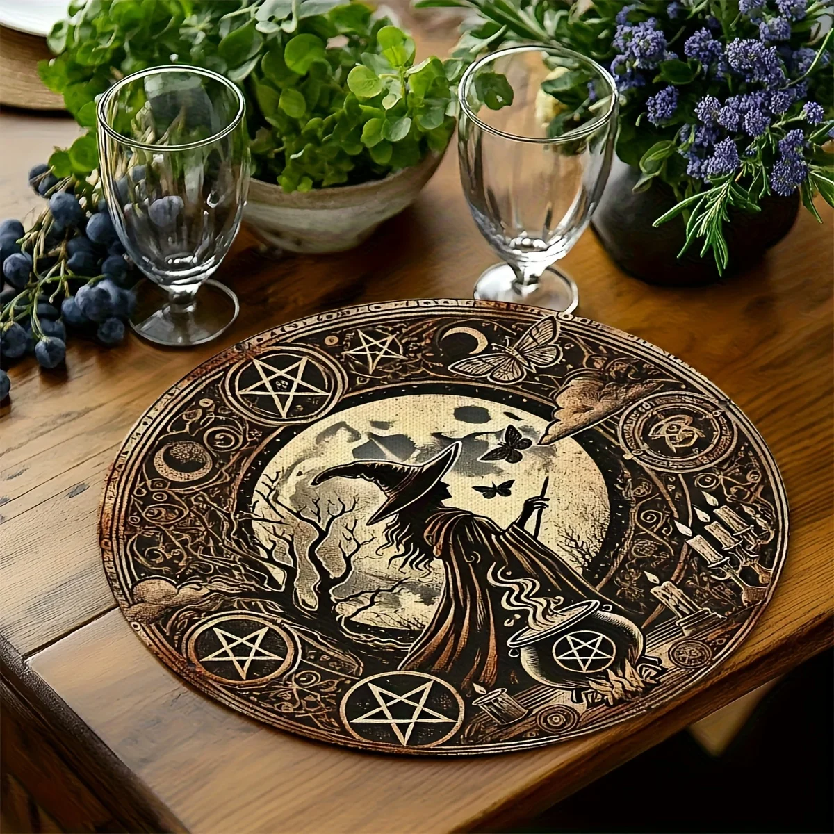 VIKAMA Witch Moon Pentagram Round Placemat Vintage Occult Table Mat Waterproof Heat Resistant Plate Pad Gothic Dining Decor