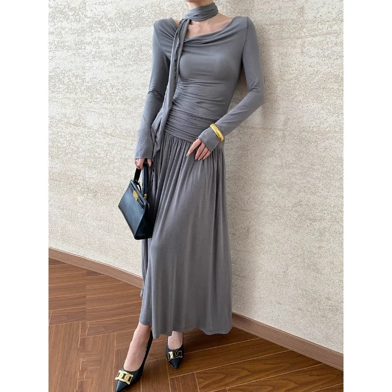 2024 New 65% Cotton And 30% Acrylic Material Autumn Women Long Dress Lace Up Neck Design Long Sleeve Slim Women Maxi Dress