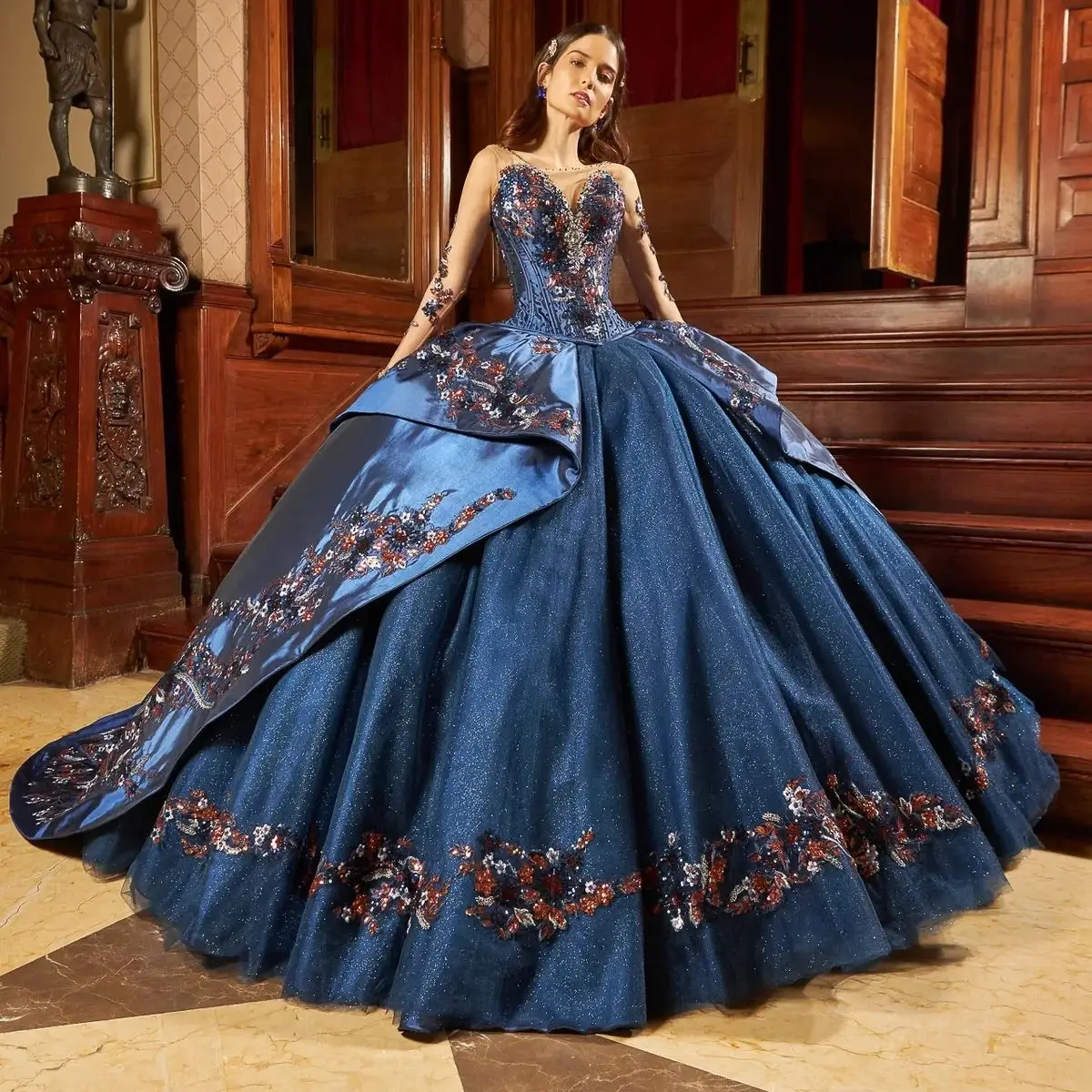 Azul charro quinceanera vestidos de baile mangas compridas tule apliques mexicano doce 16 vestidos 15 anos personalizado