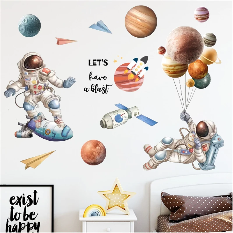 Cartoon Spaceman Travelling In Cosmos Wall Stickers For Kids Room Home Decoration Diy Planet Balloon Mural Art Pvc Decals Poster