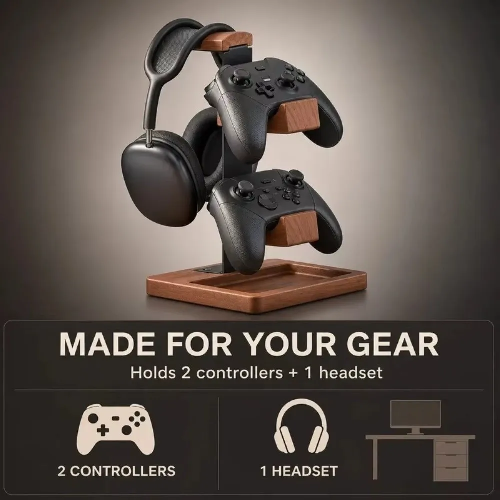 Wood Gaming Headset Stand 3 Layers Universal Game Controller Holder Multifunctional Minimalism Headset Support Bracket