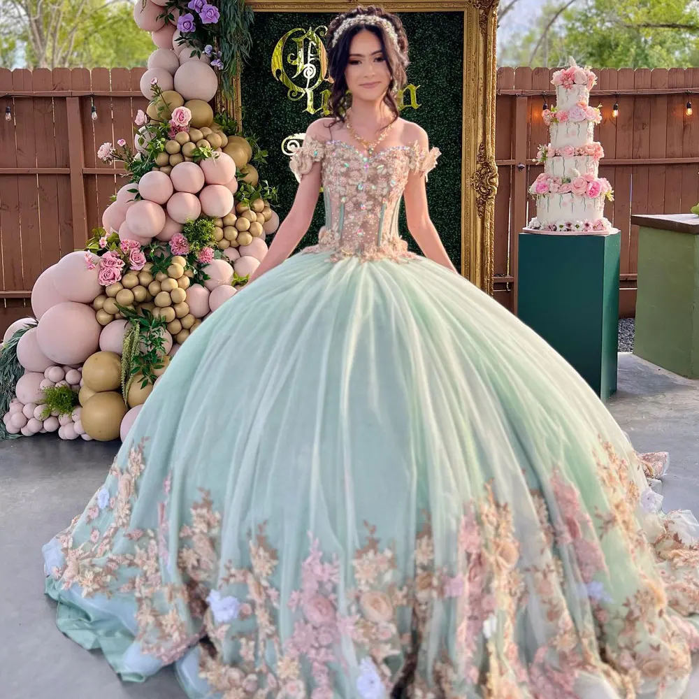 Gaun pesta hijau ringan gaun Quinceanera 2024 XV Floral putri Vestidos De 15 aagos ulang tahun manis 16 gaun pakaian Formal ulang tahun