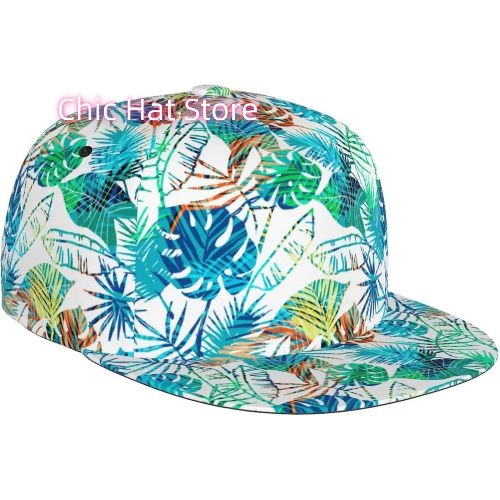 Tropical Leaves Snapback Hat for Women Men Hip Hop Style Cotton Adjustable Baseball Cap Flat Bill Trucker Hat for Outdoor Hiking