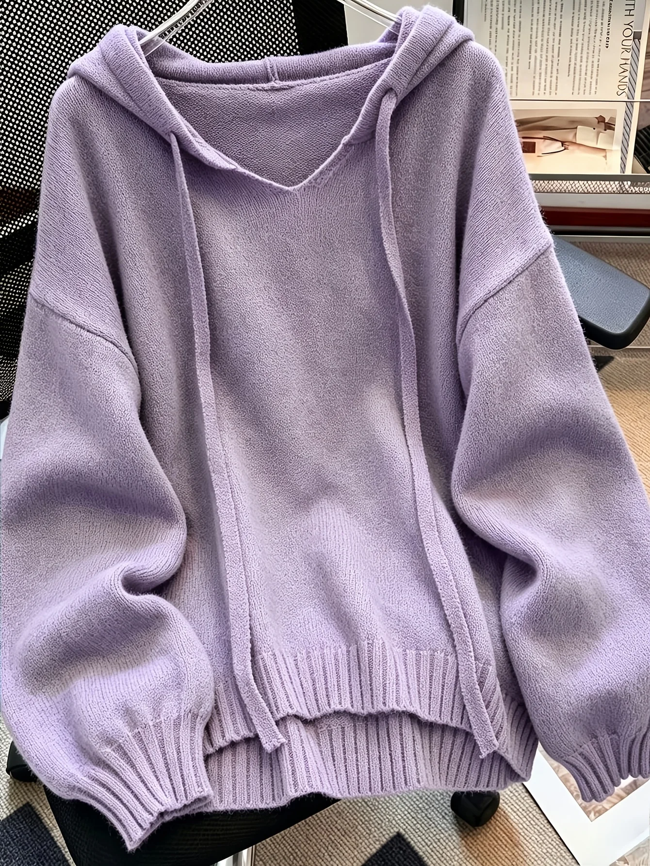 Women Korean Style Loose Hooded Knit Sweater Autumn Winter Solid Color Simple Versatile Drop Shoulder Lantern Sleeve Hoodie 2026