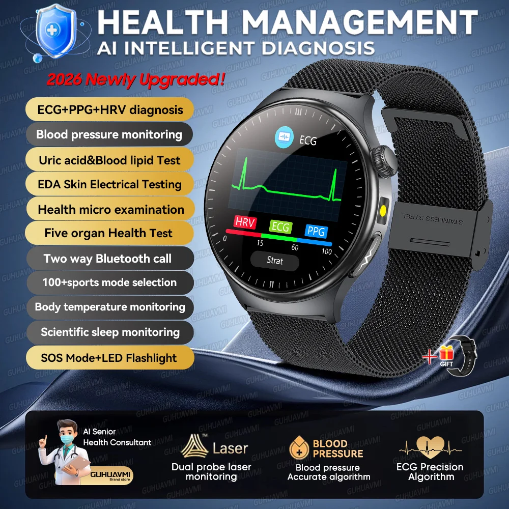 2026 Nieuwe Micro Fysieke Onderzoek Gezondheid Smartwatch Heren ECG Urinezuur Lipiden Bloeddruk BT Oproep Smartwatch Voor Android IOS
