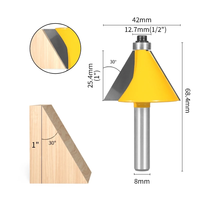 PTA 8MM 15/22.5/30 Degree Chamfer Bevel Edging Router Bit Woodworking Milling Cutter For Wood Face Mill