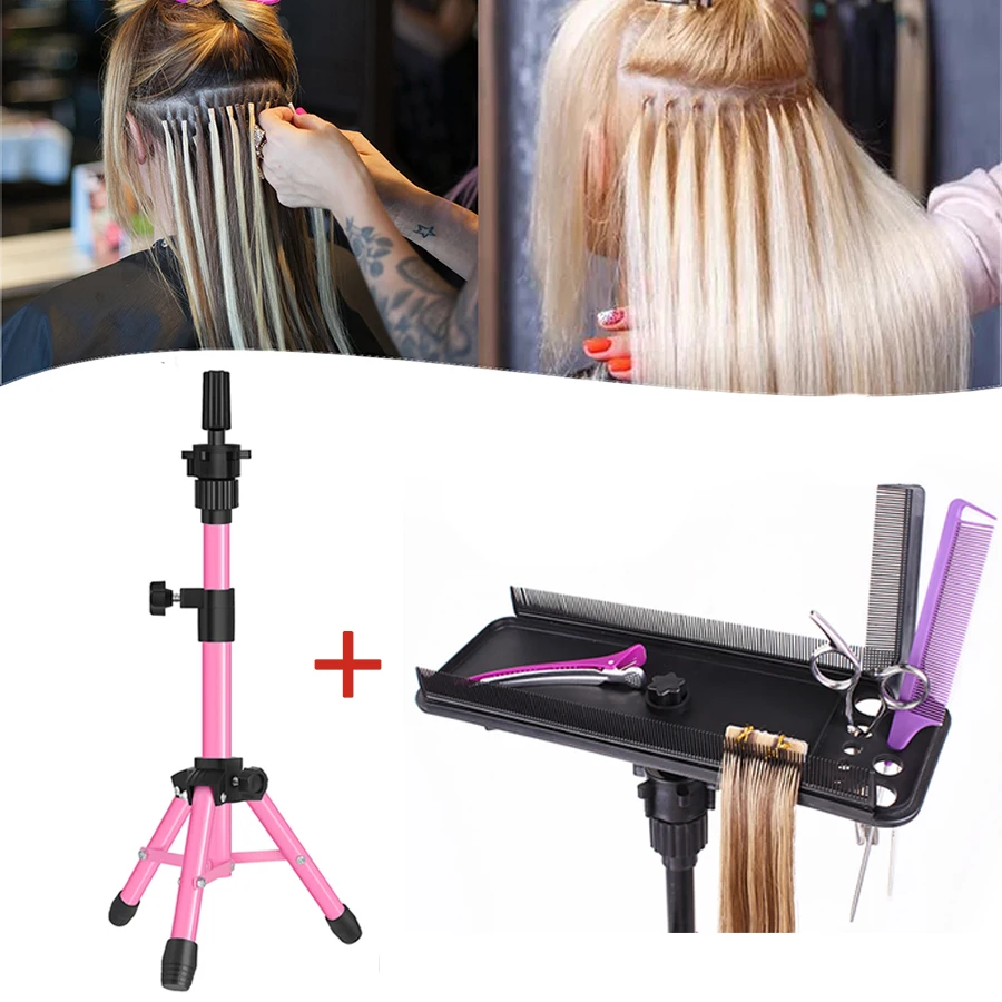 Hair Extension Holder with 64CM pink Wig Stand Tripod Hair Extension Hanger Wig Storage Display Light Weight Hair Extension Tool