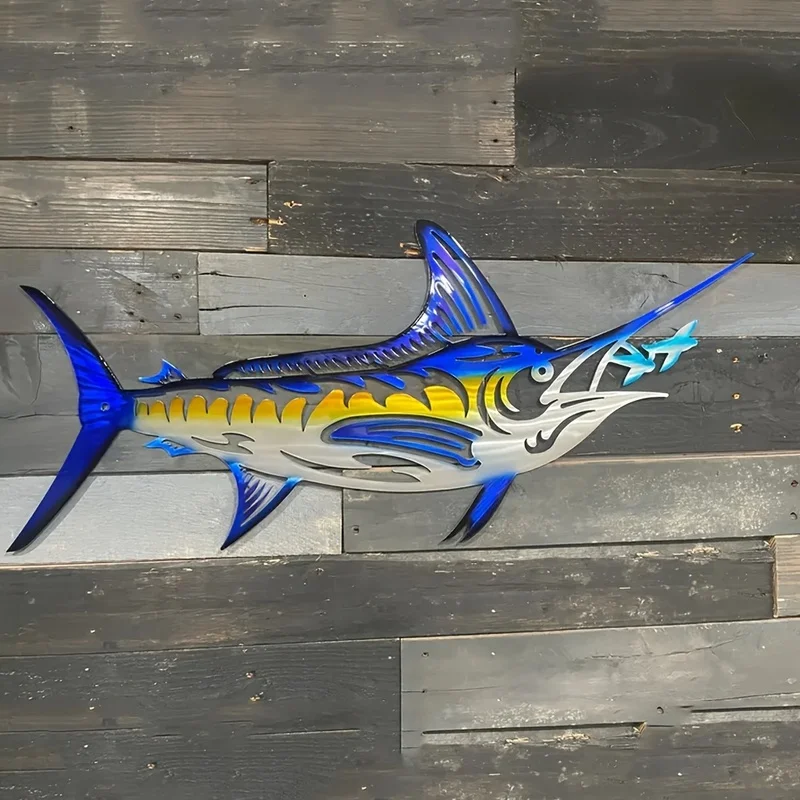 1pc Minimalist Marlin Jump Metal Wall Art - Modern Geometric Design, Blue & Yellow, Indoor Beach House Decor