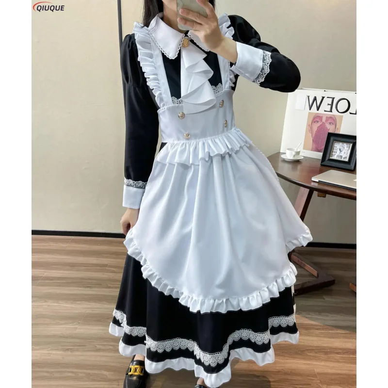 Traje de cosplay café kawaii para mulheres, roupa de empregada, vestido Lolita, uniforme bonito, preto e branco, vestido longo avental, homens