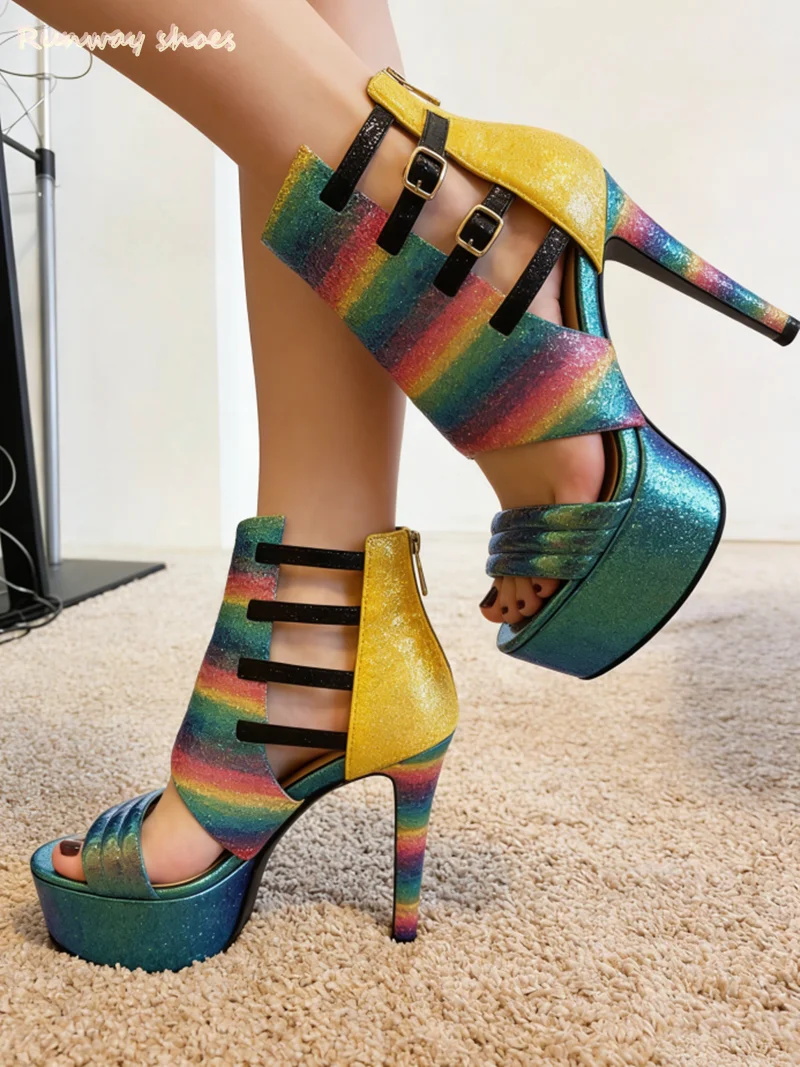 Belt Buckle Decoration Round Head Leaky Toe Super Beautiful Laser Color Women's Ankle Boots Hollow Waterproof Platform Sandals