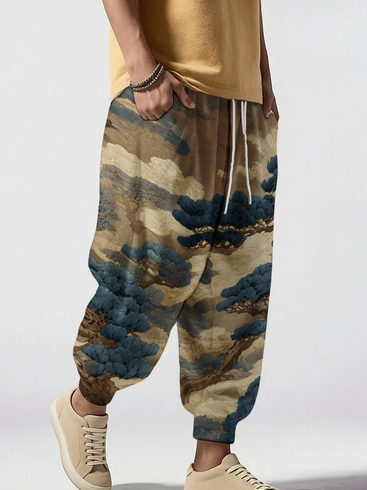 Men Japanese Ukiyo-e Pine Tree Print Harem Pants Elastic Waist Casual Joggers with Traditional Art Loose Fit Streetwear Trousers