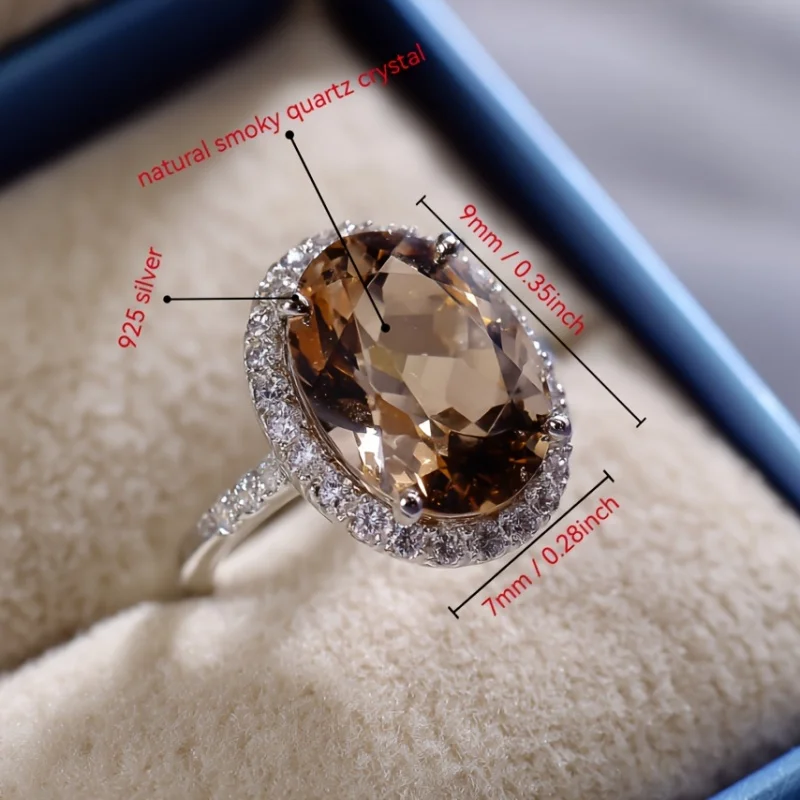 SGARIT 925 فضة سموكي كوارتز خاتم 7x9 مللي متر البيضاوي الشاي الطبيعي كريستال المرأة مجوهرات الأزياء الأنيقة #5