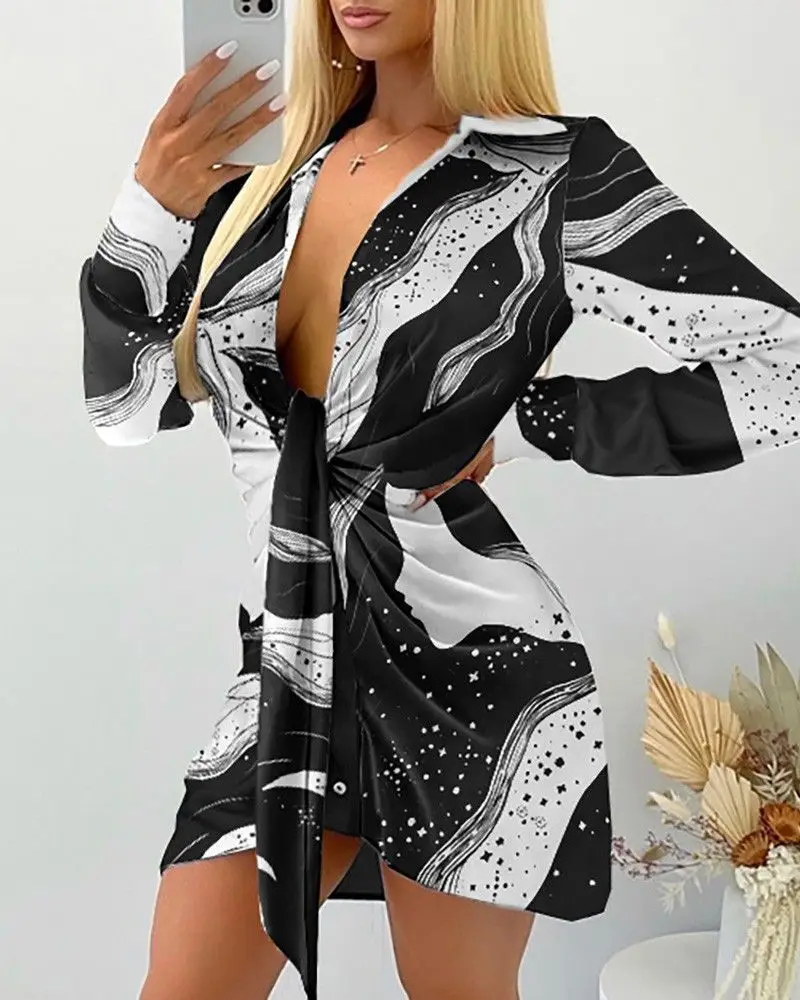 2021 ฤดูใบไม้ผลิใหม่ชุดสตรีเซ็กซี่พิมพ์เสื้อสเวตเตอร์ถักสายคล้องคอสะโพกกลางกระโปรงเสื้อ