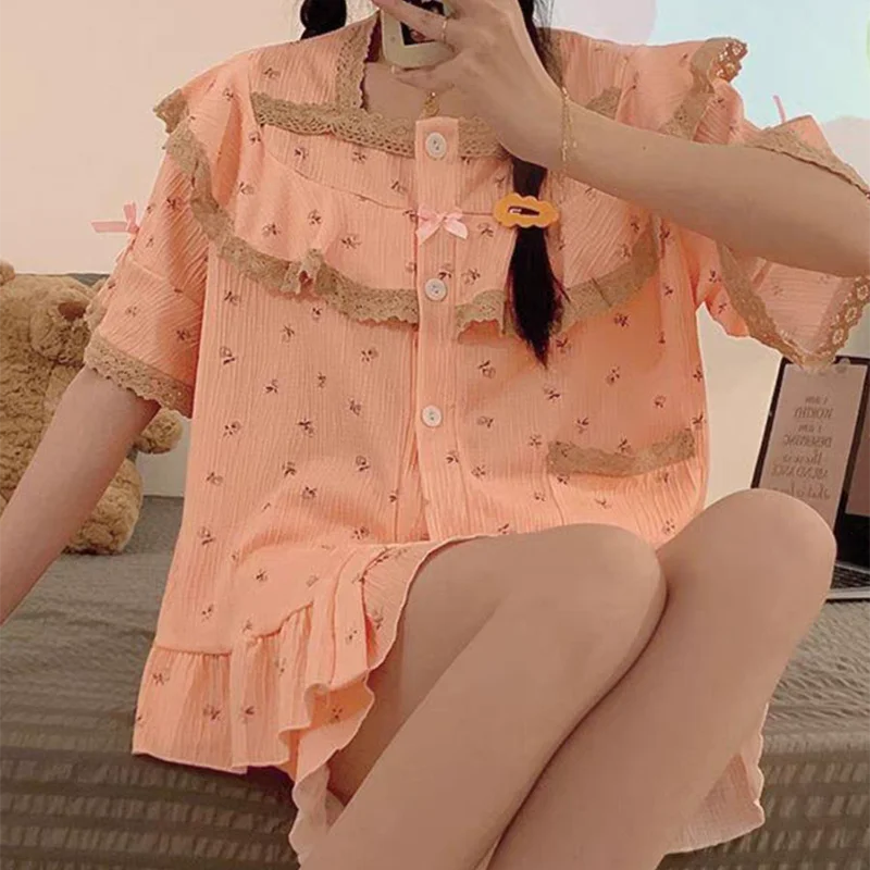 Ruffles Women Pajamas Sets for Home Summer Floral Sleepwear Shorts Sleeve Lace 2 Pieces Lace Night Wears Korean Home Suit New