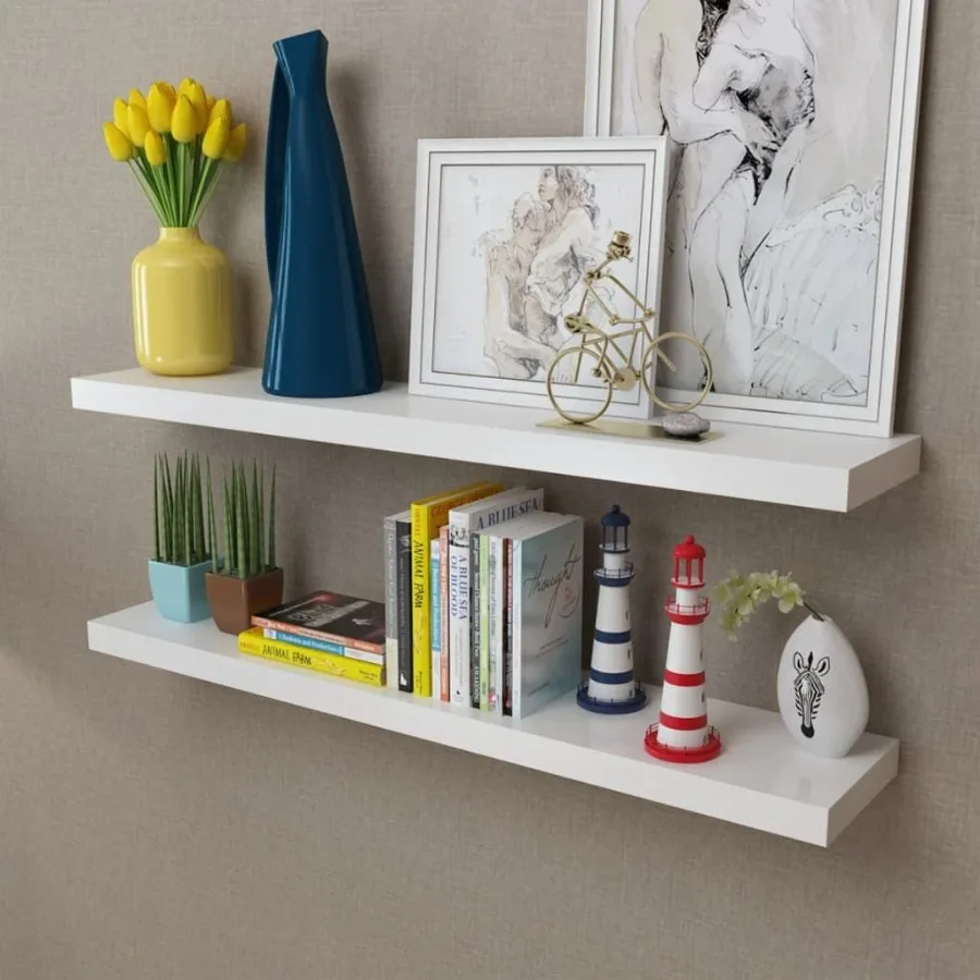 

2 White MDF Floating Wall Display Shelves Book DVD Storage