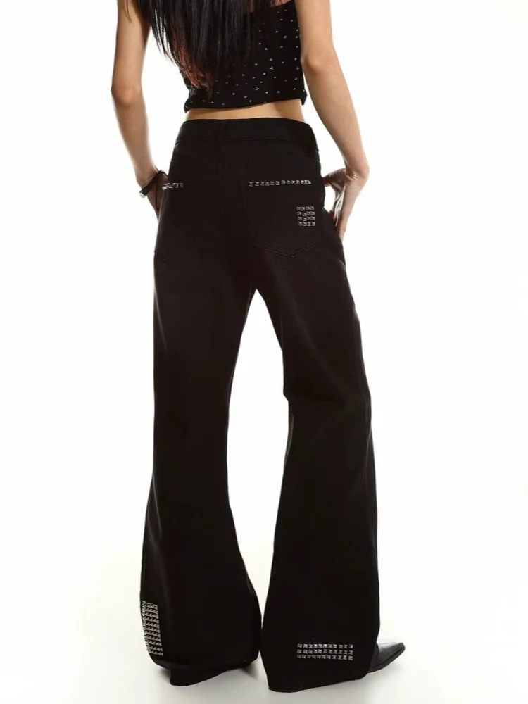 2026 Dark Y2K Streetwear Rivet Design Baggy Women's Ripped Jeans Pants For Woman Clothing Straight Gothic Cotton Long Trousers