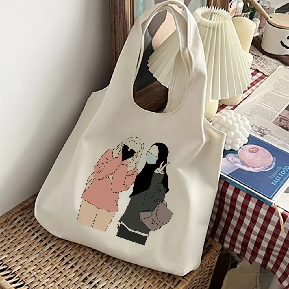 Hijine-Girl-Sac à Main en Toile Imprimé pour Fille Musulmane, Fourre-Tout Harajuku pour Meilleure Amie, Sacs à Provisions pour Femme, Cadeaux Eid