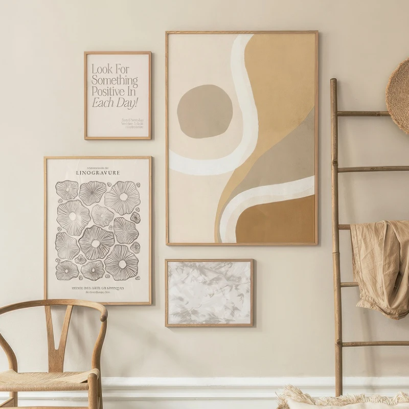 Soft Abstract Warm Linocut Beige Summer Gallery Wall Art Canvas Painting Boho Print Poster Decorative Picture Modern Living Room